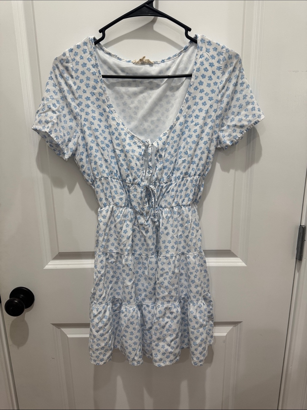 La Hearts White and Light Blue Floral Tie-Front Mini Dress